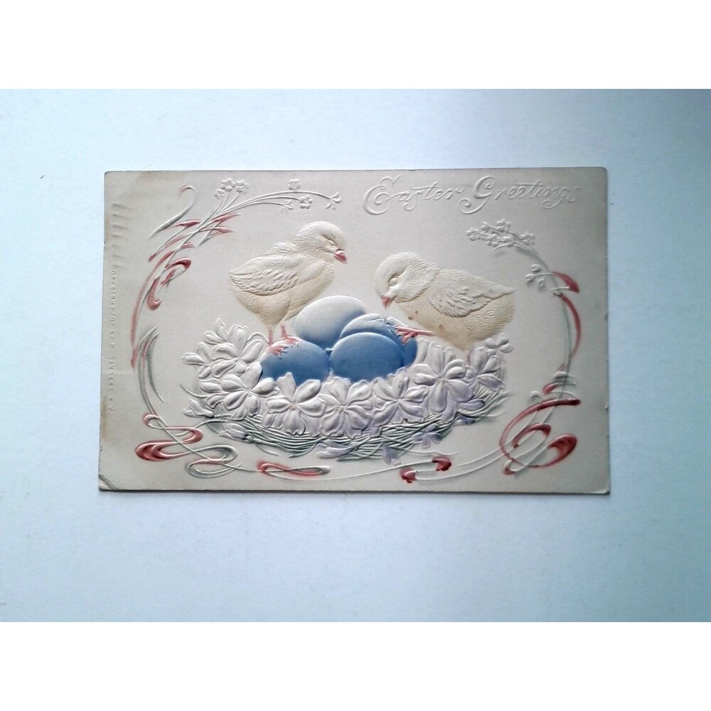 1908 Easter Greetings Postcard Embossed Chicks Nest Blue Eggs S. Langsdorf & Co.